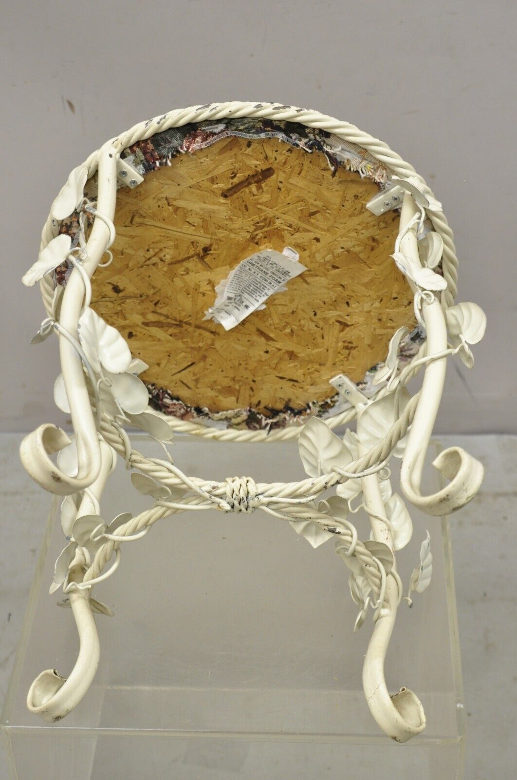 Vtg Italian Hollywood Regency Metal Floral White Rope Form Vintage Bench Stool