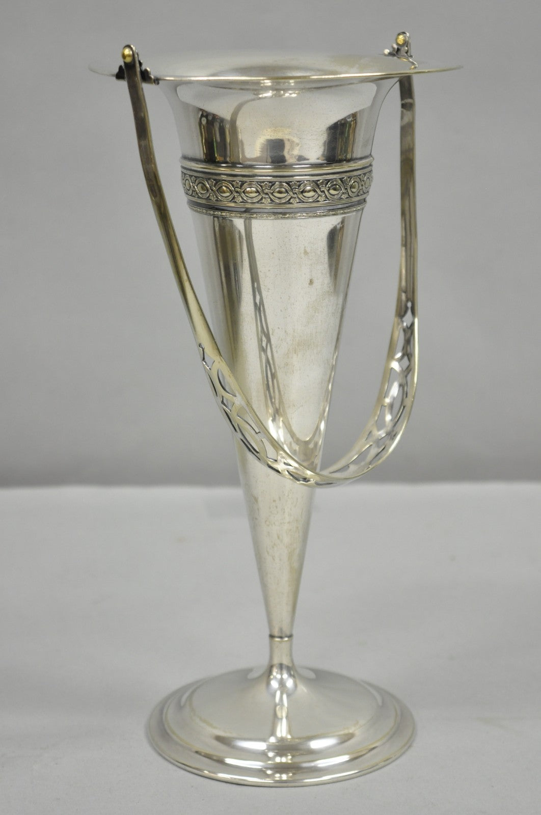 Vintage Victorian Silver Plated Trumpet Flower Vase with Reticulated Handle