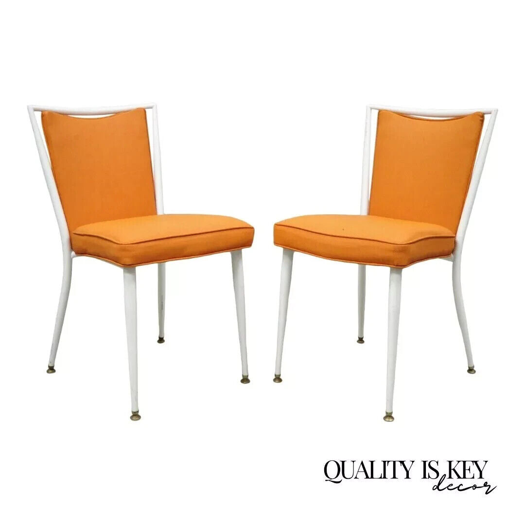 Vintage Mid Century Modern White Steel Metal Orange Dining Side Chairs - a Pair