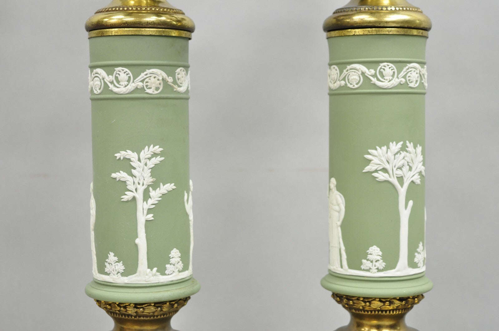 Vintage French Neoclassical Green Jasperware Candelabra Table Lamps - a Pair