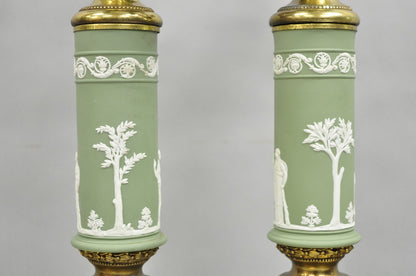 Vintage French Neoclassical Green Jasperware Candelabra Table Lamps - a Pair
