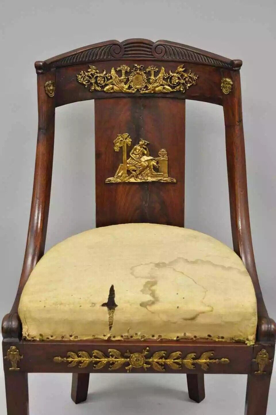 Antique 19th C. French Empire Regency Mahogany Side Chair with Bronze Ormolu