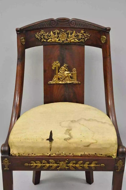 Antique 19th C. French Empire Regency Mahogany Side Chair with Bronze Ormolu