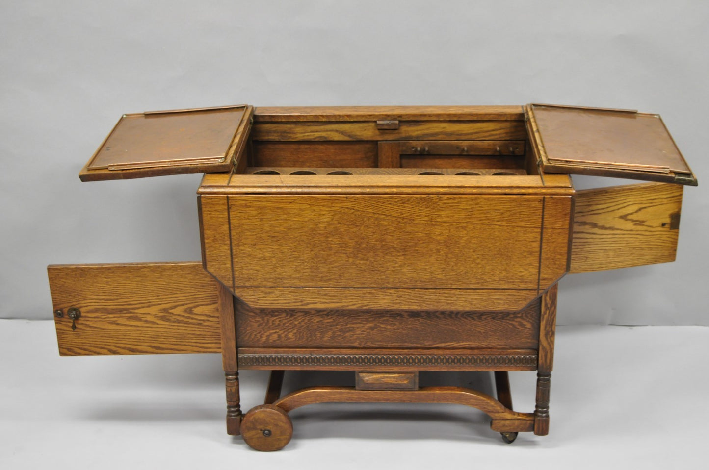 Antique Arts & Crafts Oak Wood Rolling Bar Cart Liquor Cabinet by Lammert's
