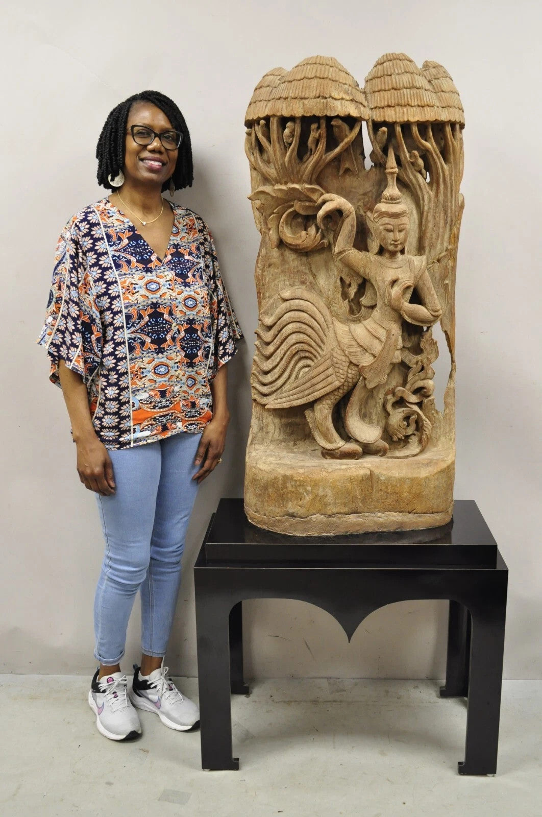 Vintage Burmese Carved Wood Oriental Large Figural Statue Sculpture on Base