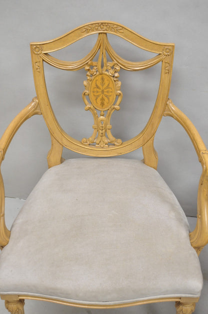 Hepplewhite Prince of Wales Drape Carved Shield Back Dining Arm Chairs - a Pair
