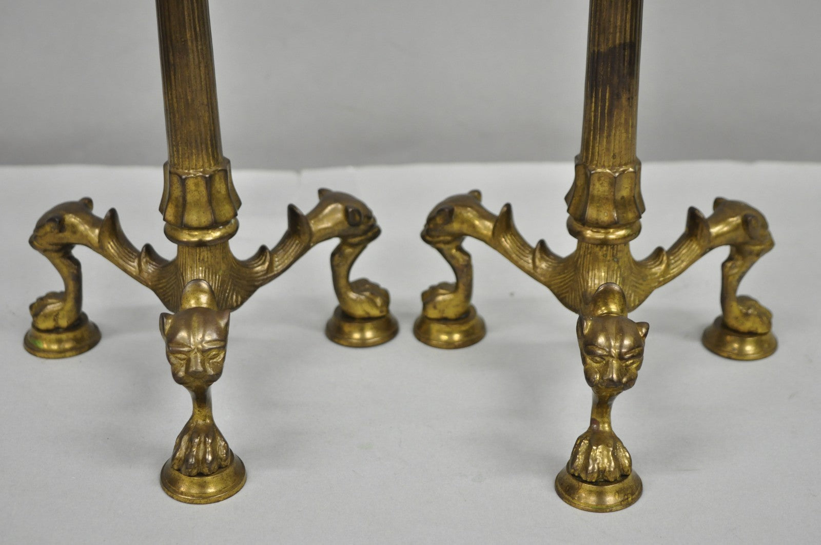 Antique French Renaissance Gothic Figural Brass 16" Candelabra w/ Lions - a Pair