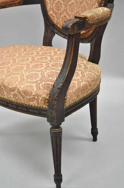 Antique French Louis XVI Style Bow Carved Walnut Fauteuil Fireside Arm Chair