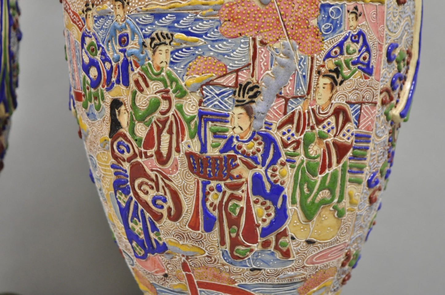 Antique Chinese Porcelain Painted Applied Scene Satsuma Vase Table Lamps - Pair