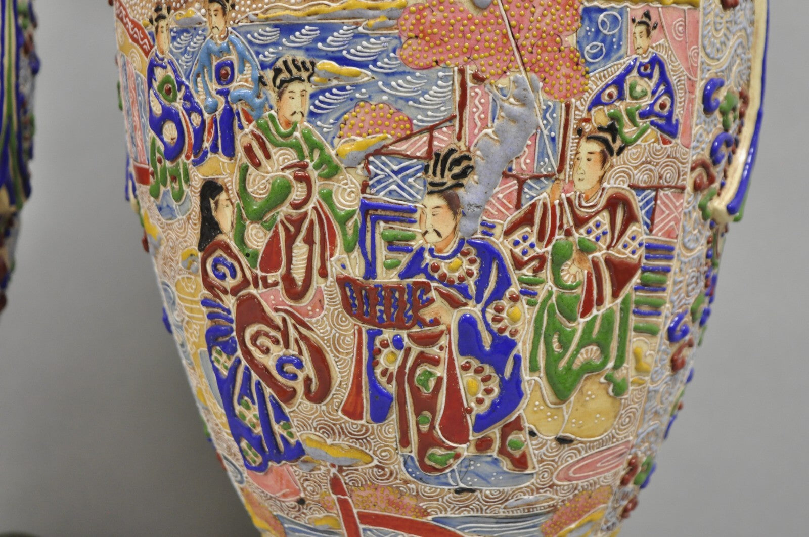 Antique Chinese Porcelain Painted Applied Scene Satsuma Vase Table Lamps - Pair