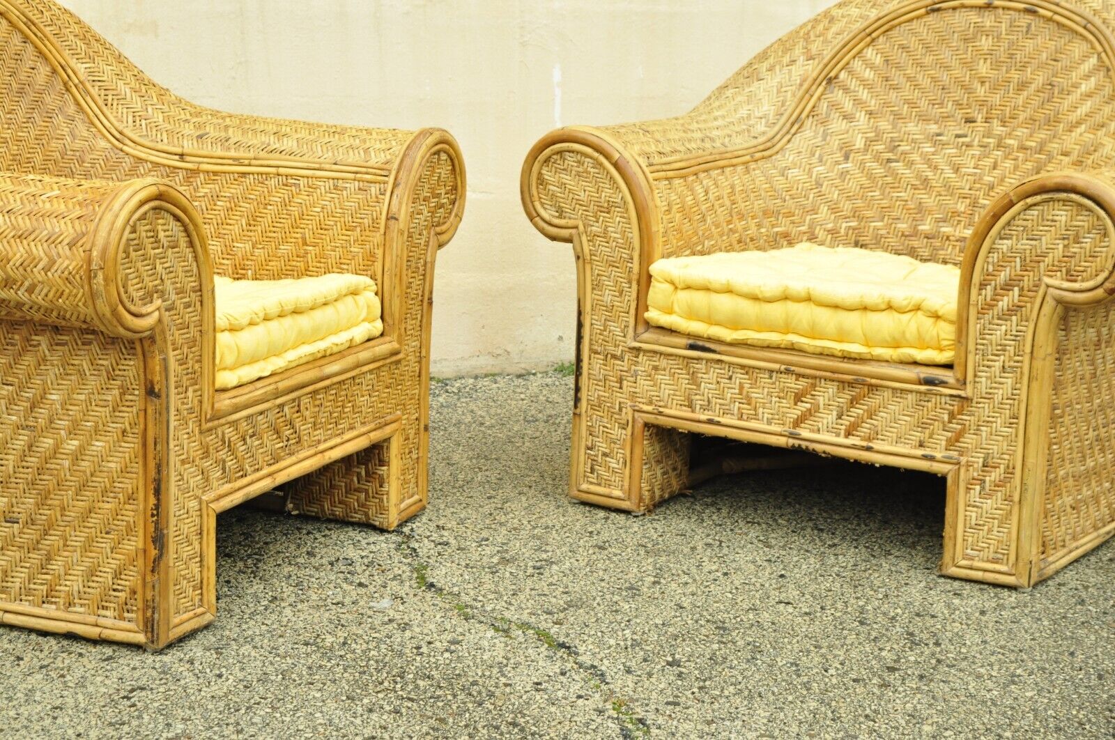 Ralph Lauren Attr. Large Woven Wicker Rattan Club Lounge Chairs - a Pair