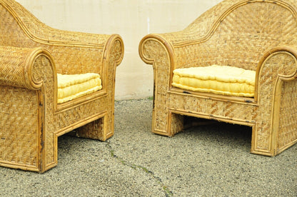 Ralph Lauren Attr. Large Woven Wicker Rattan Club Lounge Chairs - a Pair
