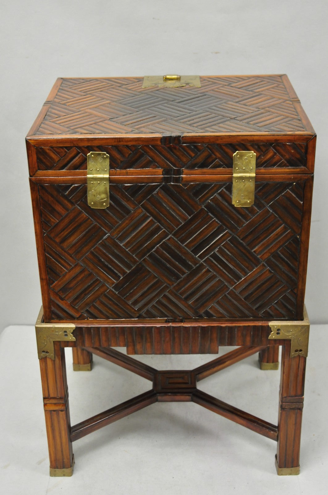 Furniture Classics Ltd Chinese Teak & Bamboo Campaign Chest Side Table on Stand