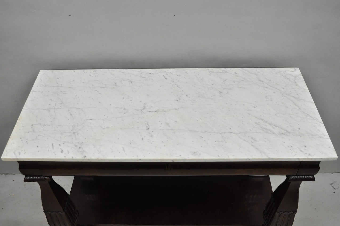 Antique French Empire Mahogany White Marble Top Console Hall Table w/ Drawer