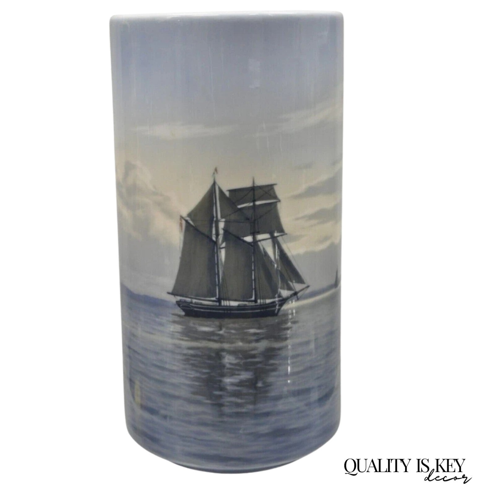 Vintage Royal Copenhagen 13" Blue White Porcelain Nautical Ship Vase 1634 33.B