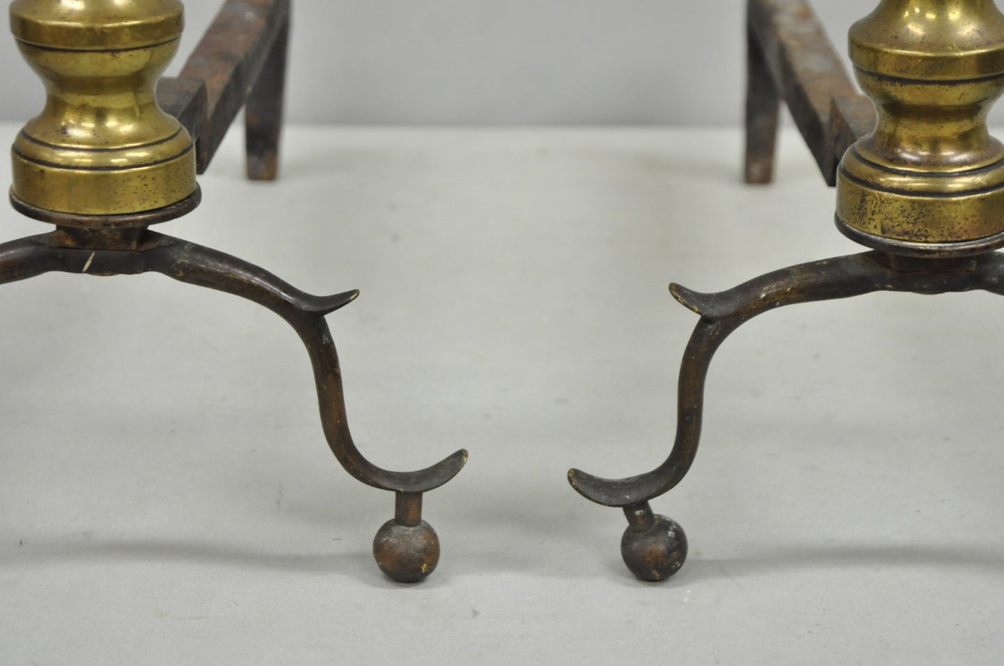 Antique English Federal Brass Branch Leg Cast Iron Fireplace Andirons - a Pair