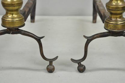 Antique English Federal Brass Branch Leg Cast Iron Fireplace Andirons - a Pair