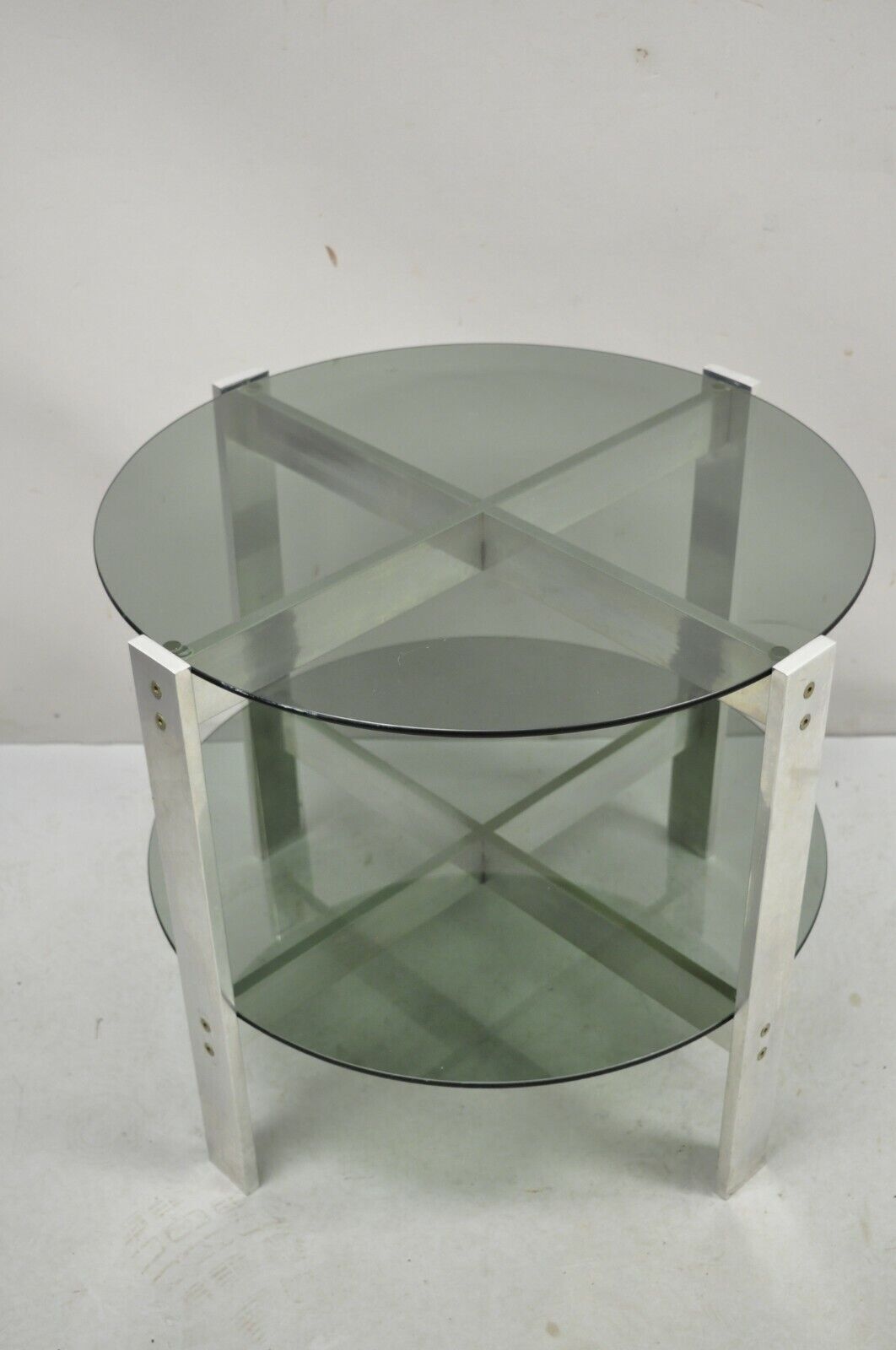 Vintage Mid Century Modern Round Smoked Glass 2 Tier Aluminum Base Side Table