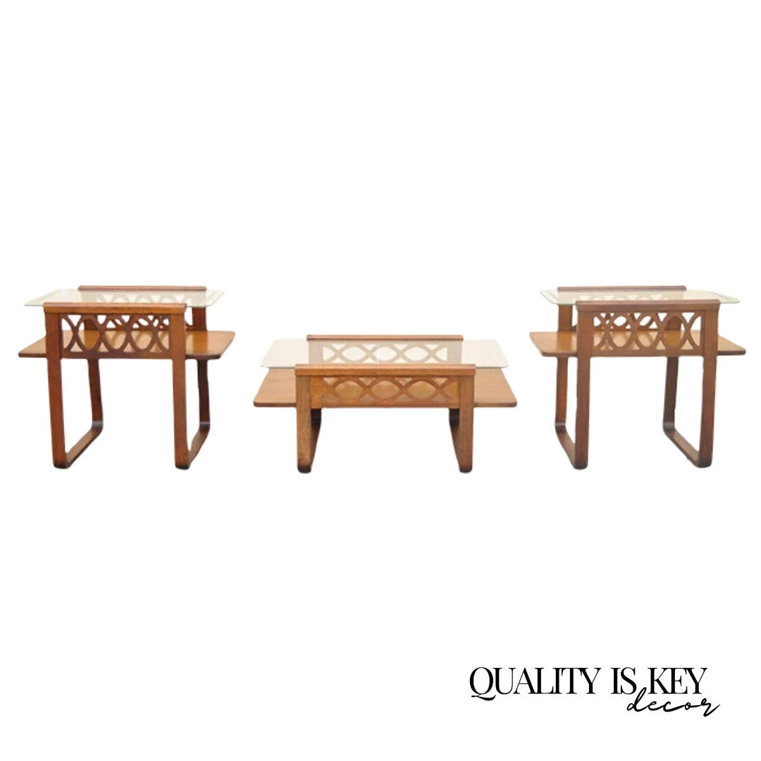 Vintage Mid Century Modern Mahogany & Glass Coffee Table & Pair End Table Set