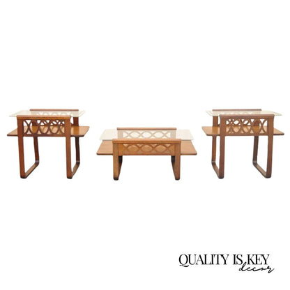 Vintage Mid Century Modern Mahogany & Glass Coffee Table & Pair End Table Set