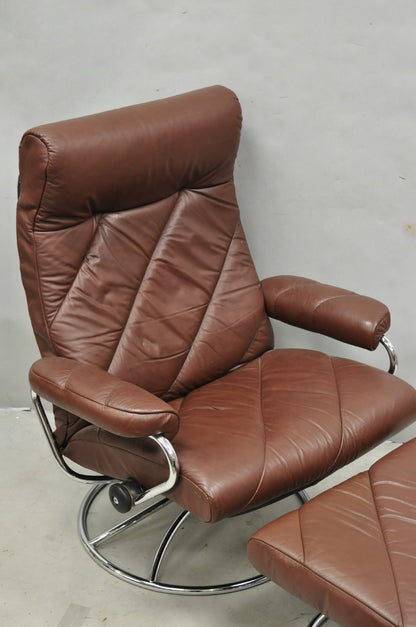 Vintage Ekornes Stressless Brown Leather Reclining Swivel Lounge Chair & Ottoman