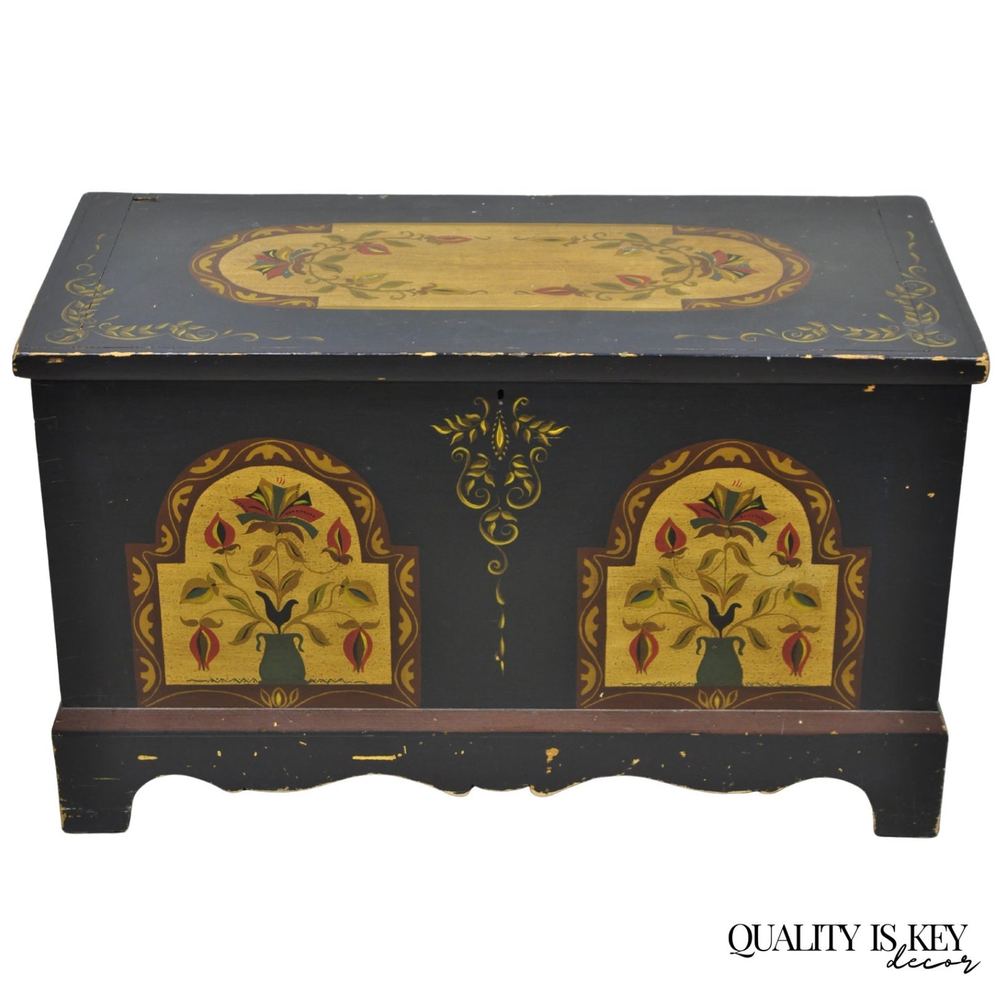 Antique Pennsylvania Dutch Colonial Blue Hand Painted Blanket Chest Trunk