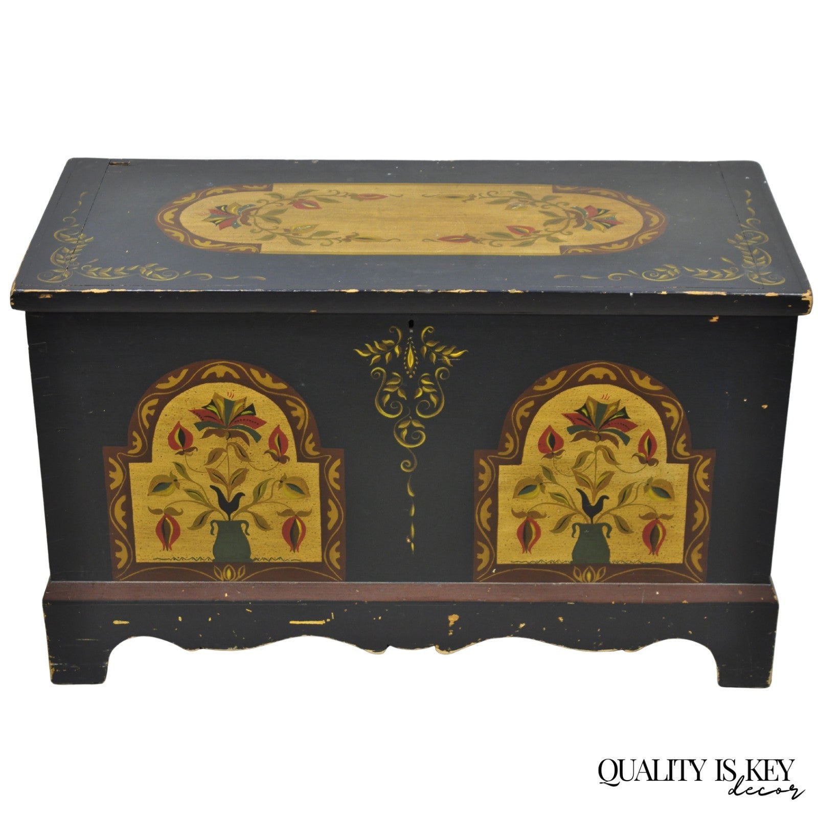 Antique Pennsylvania Dutch Colonial Blue Hand Painted Blanket Chest Trunk