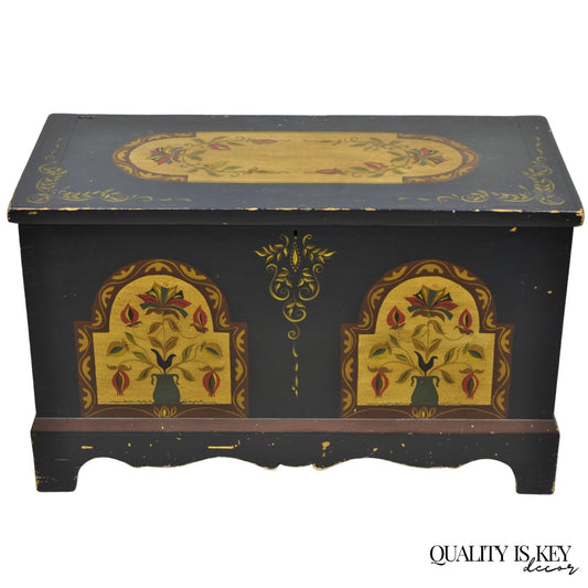 Antique Pennsylvania Dutch Colonial Blue Hand Painted Blanket Chest Trunk