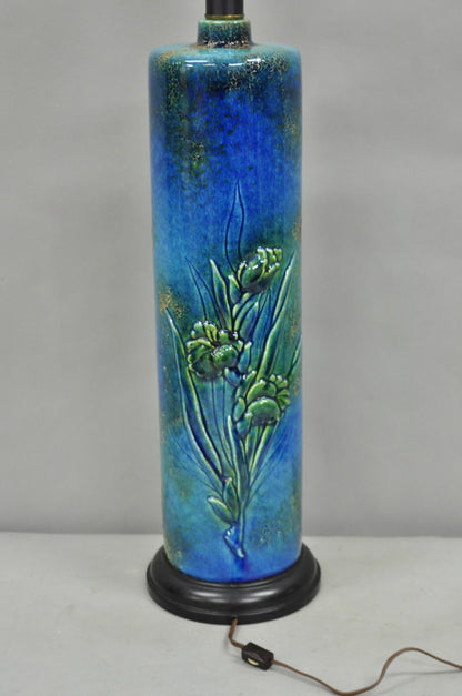 Vintage MCM Tall Royal Haeger Attr Blue Glazed Ceramic Pottery Floral Table Lamp