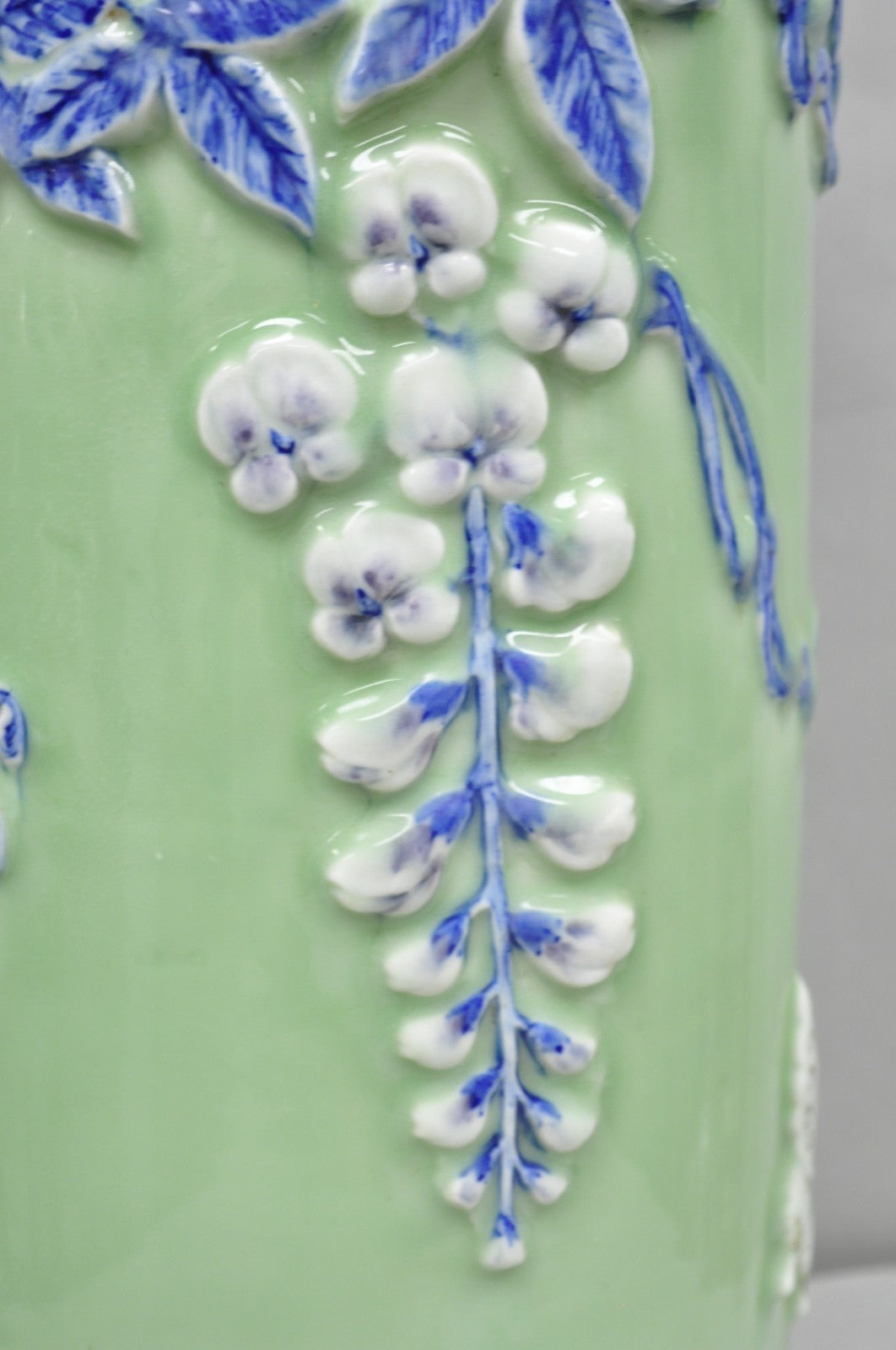 Japanese Porcelain Glazed Celadon Wisteria Flower & Butterfly Umbrella Stand