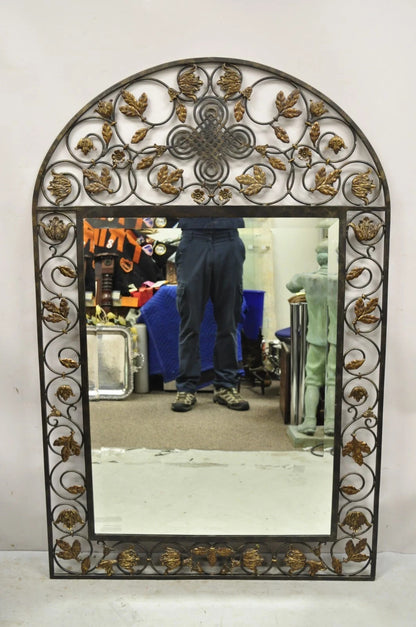 LaBarge Italian Mediterranean Wrought Iron Flower Leaf Scroll Arched Wall Mirror