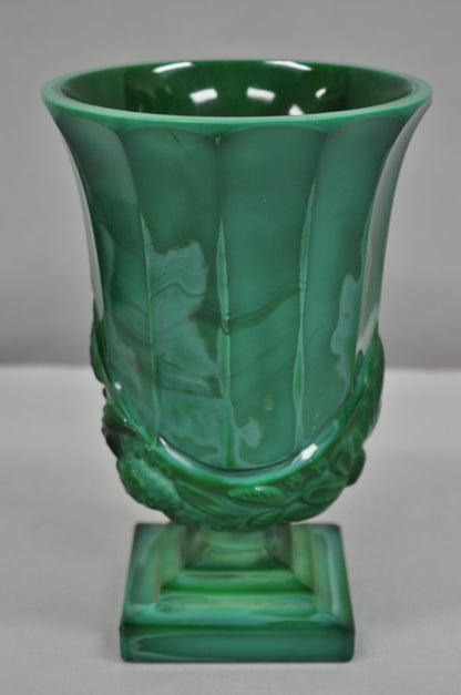 Antique Art Deco Malachite Jade Green Czech Glass Pedestal Vase with Bird
