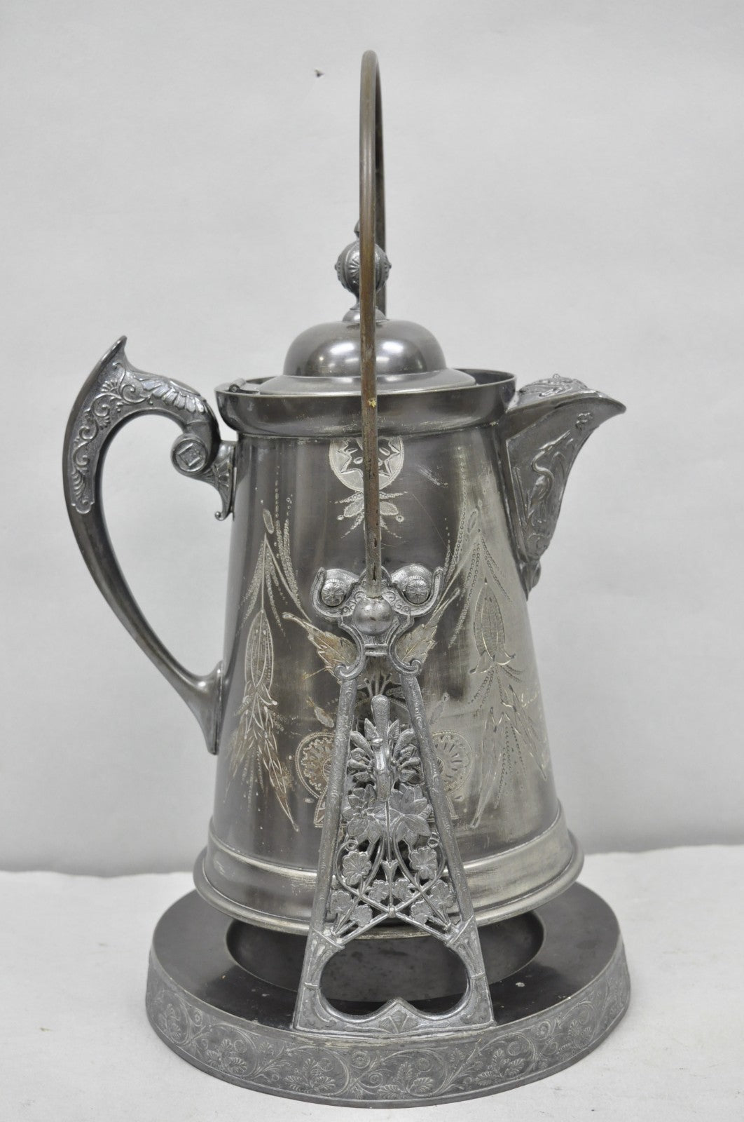 Antique English Victorian Silver Plated Tilting Coffee Pot on Stand w/ Engraving