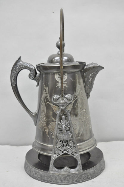 Antique English Victorian Silver Plated Tilting Coffee Pot on Stand w/ Engraving