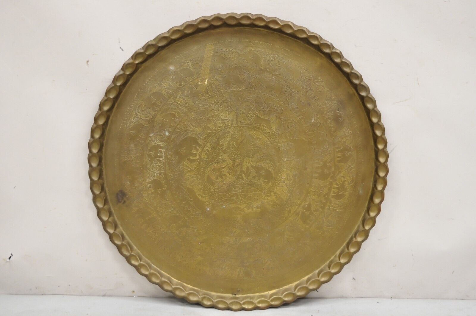 Vintage Moroccan Middle Eastern Large Brass Animal Engraved 46" Round Tray Top