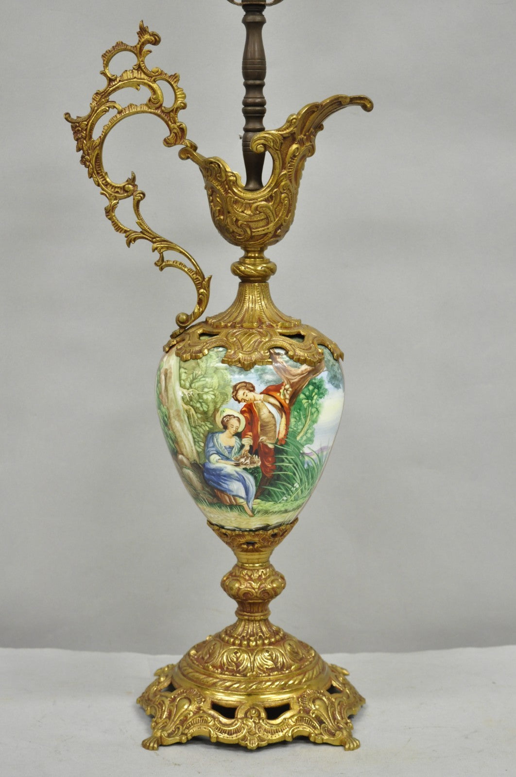 Vintage French Renaissance Style Painted Porcelain Urn Brass Ewer Table Lamp
