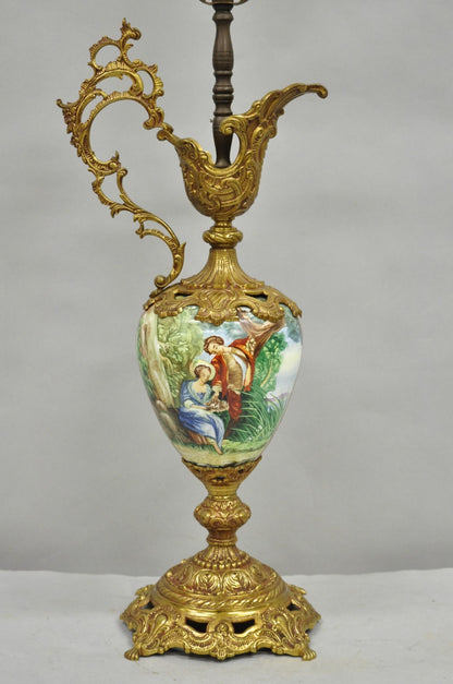 Vintage French Renaissance Style Painted Porcelain Urn Brass Ewer Table Lamp