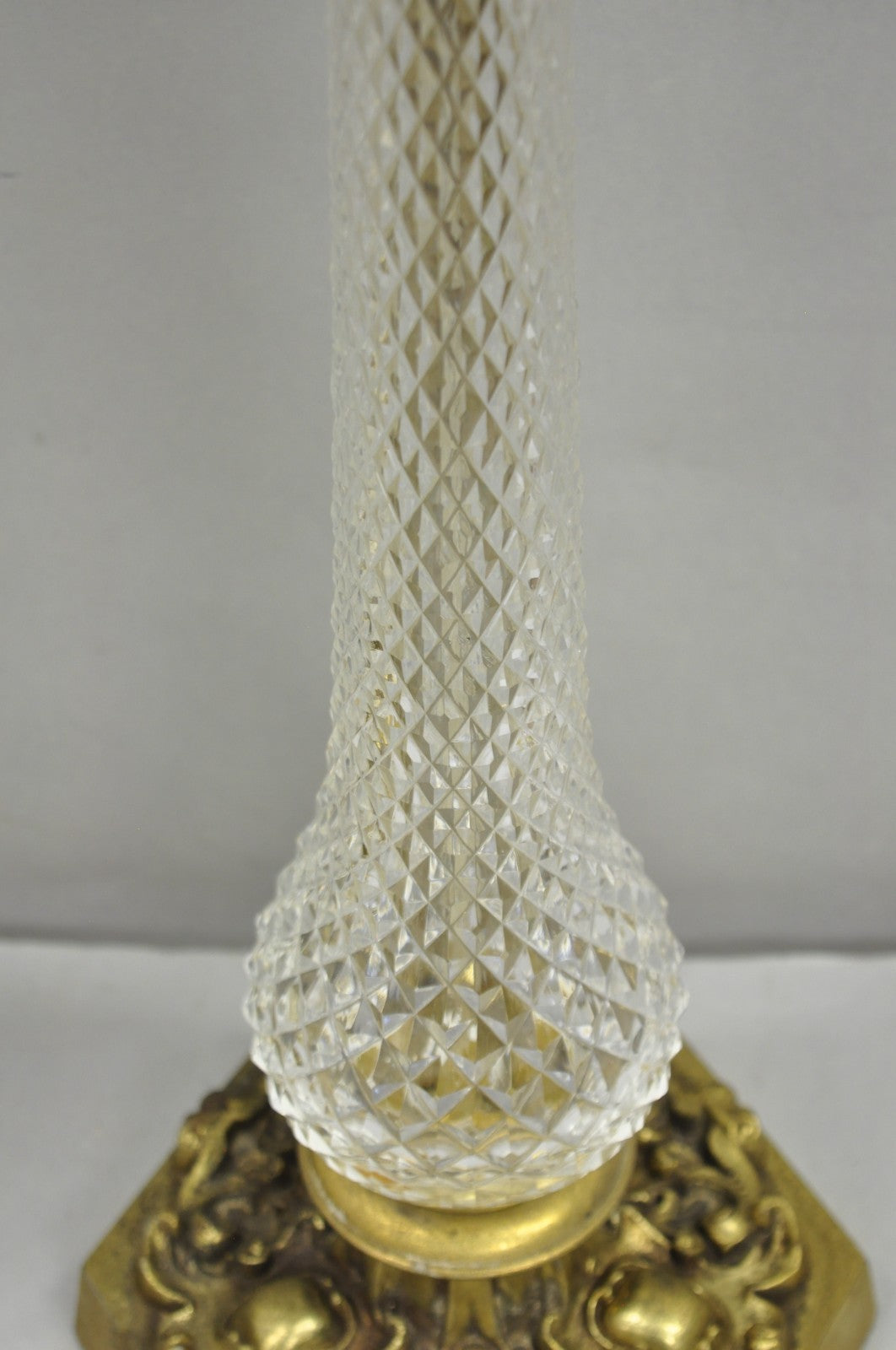 Vintage French Empire Brass & Crystal Glass Column "Oil Lamp" Table Lamps, Pair