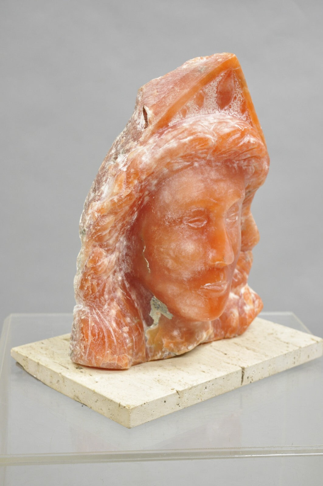 Orange Alabaster "Native American Woman" Bust Sculpture on Travertine Base