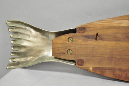 Vintage Mid Century Modern Teak Wood & Metal Fish Serving Platter Cutting Board