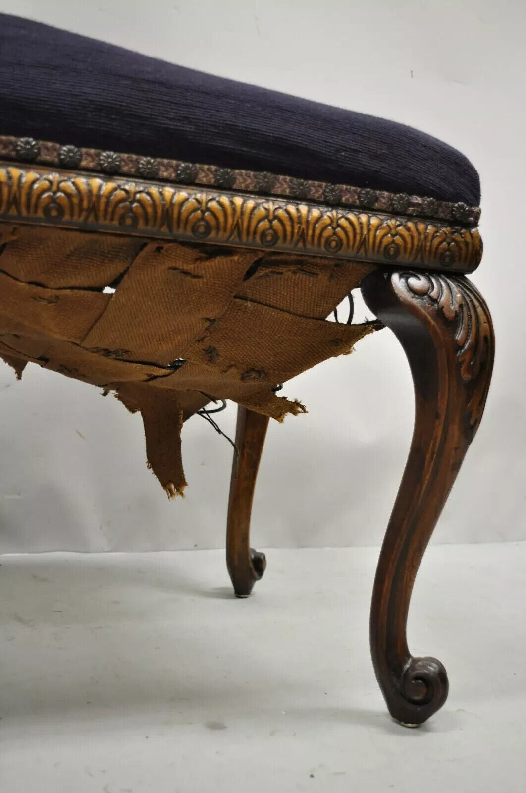 Antique French Victorian Needlepoint Carved Mahogany Cabriole Leg Bench