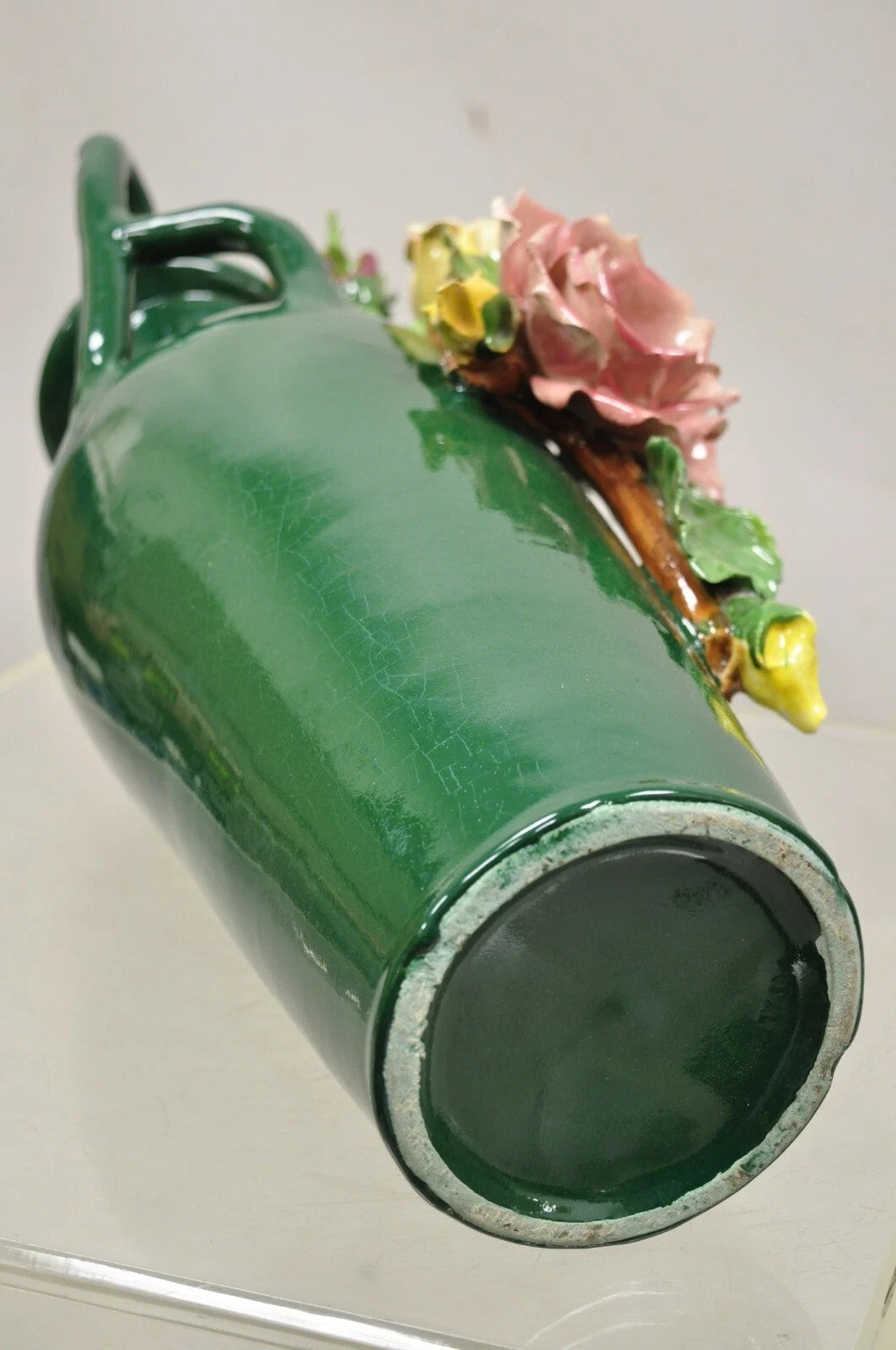 Vintage Victorian Green Porcelain Ceramic 18" Vase w/ Pink & Yellow Flowers