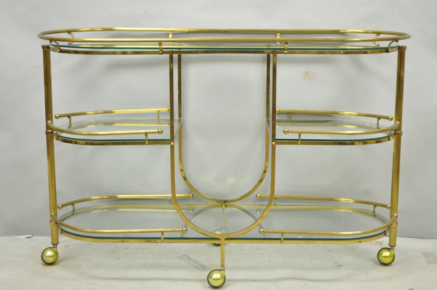 Vintage Mid Century Modern Brass 3 Tier Oval Frame Rolling Bar Cart Server Table