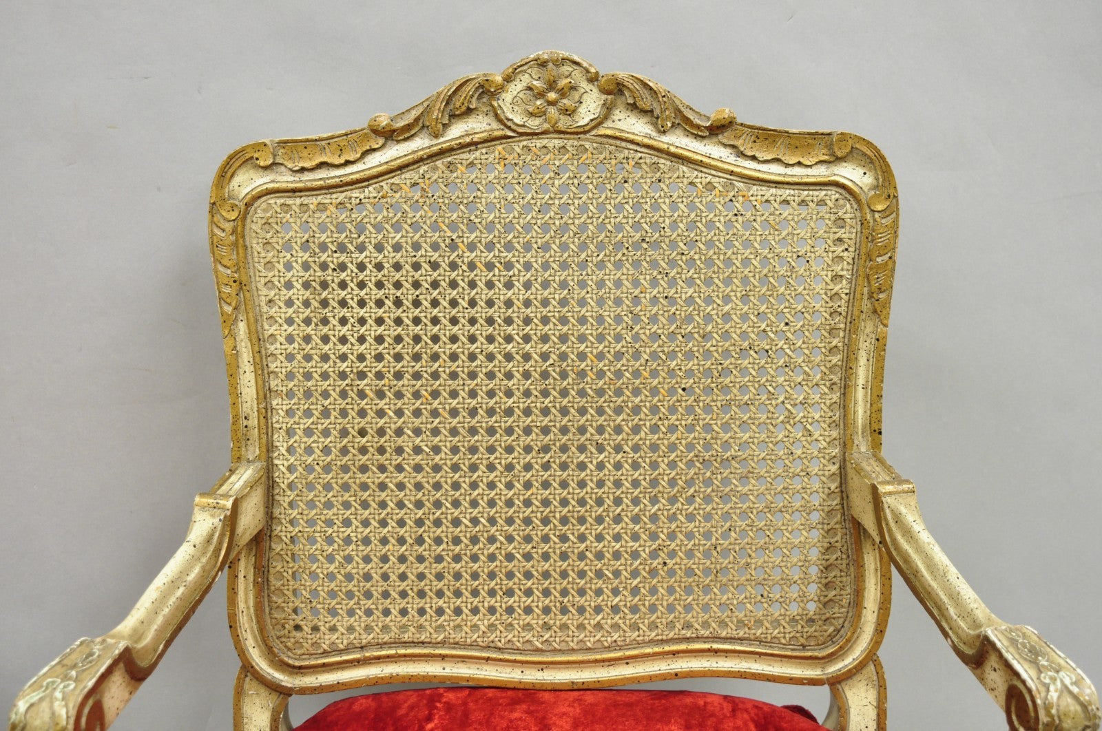 Vintage French Louis XV Style Cream Painted Carved Wood Cane Arm Chairs - a Pair