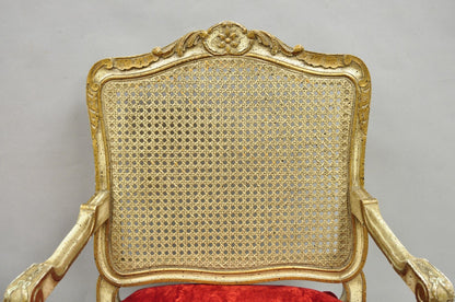 Vintage French Louis XV Style Cream Painted Carved Wood Cane Arm Chairs - a Pair