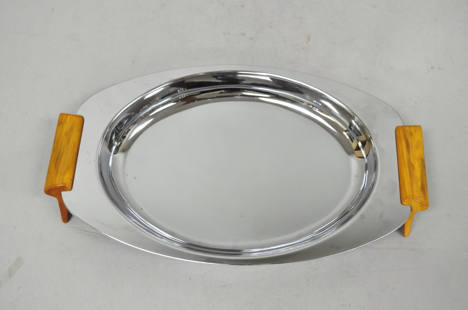 Vintage Art Deco Stainless Steel Glo-Hill Gourmates Butterscotch Bakelite Tray