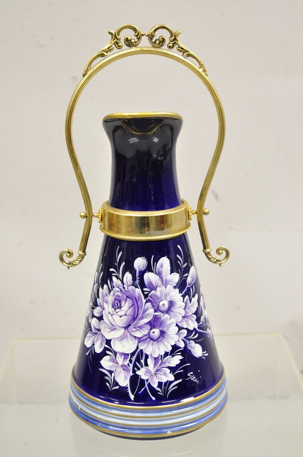 Vintage Keramos Italian Capodimonte Cobalt Blue Porcelain Pitcher w/ Handle