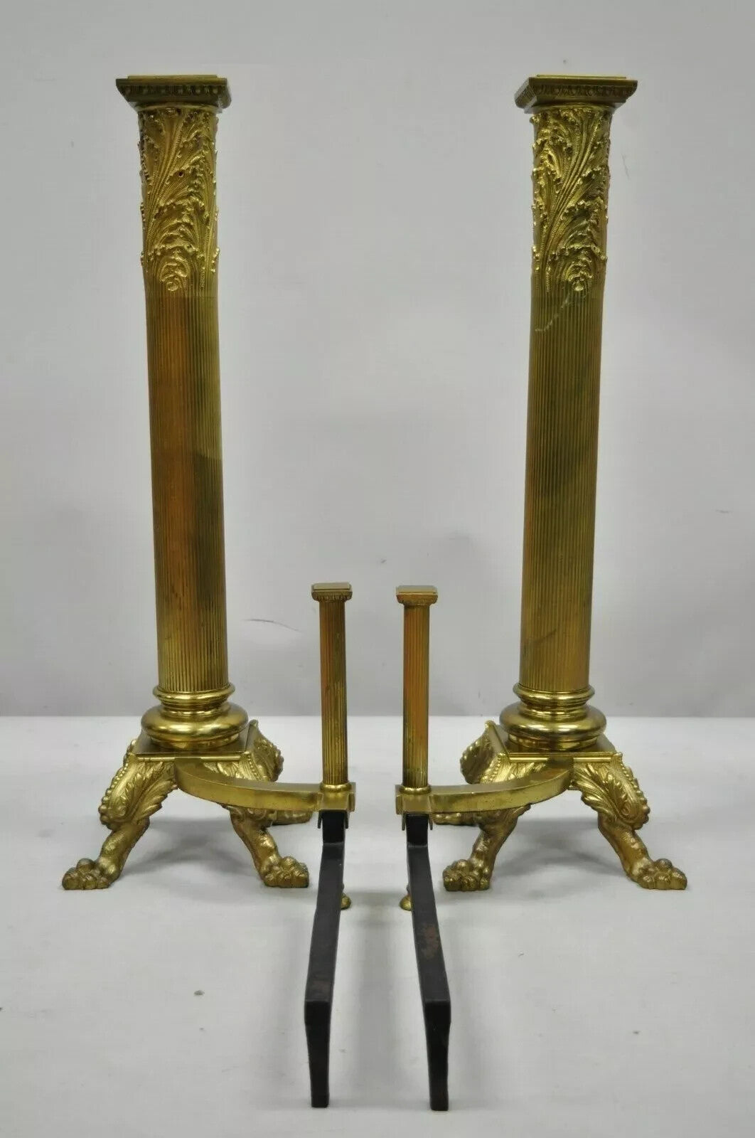 19th C. French Empire Bronze Large 32" Paw Foot Column Fireplace Andirons - Pair