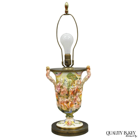 Vintage Italian Capodimonte Porcelain Figural Bacchanal Cherub Mermen Table Lamp