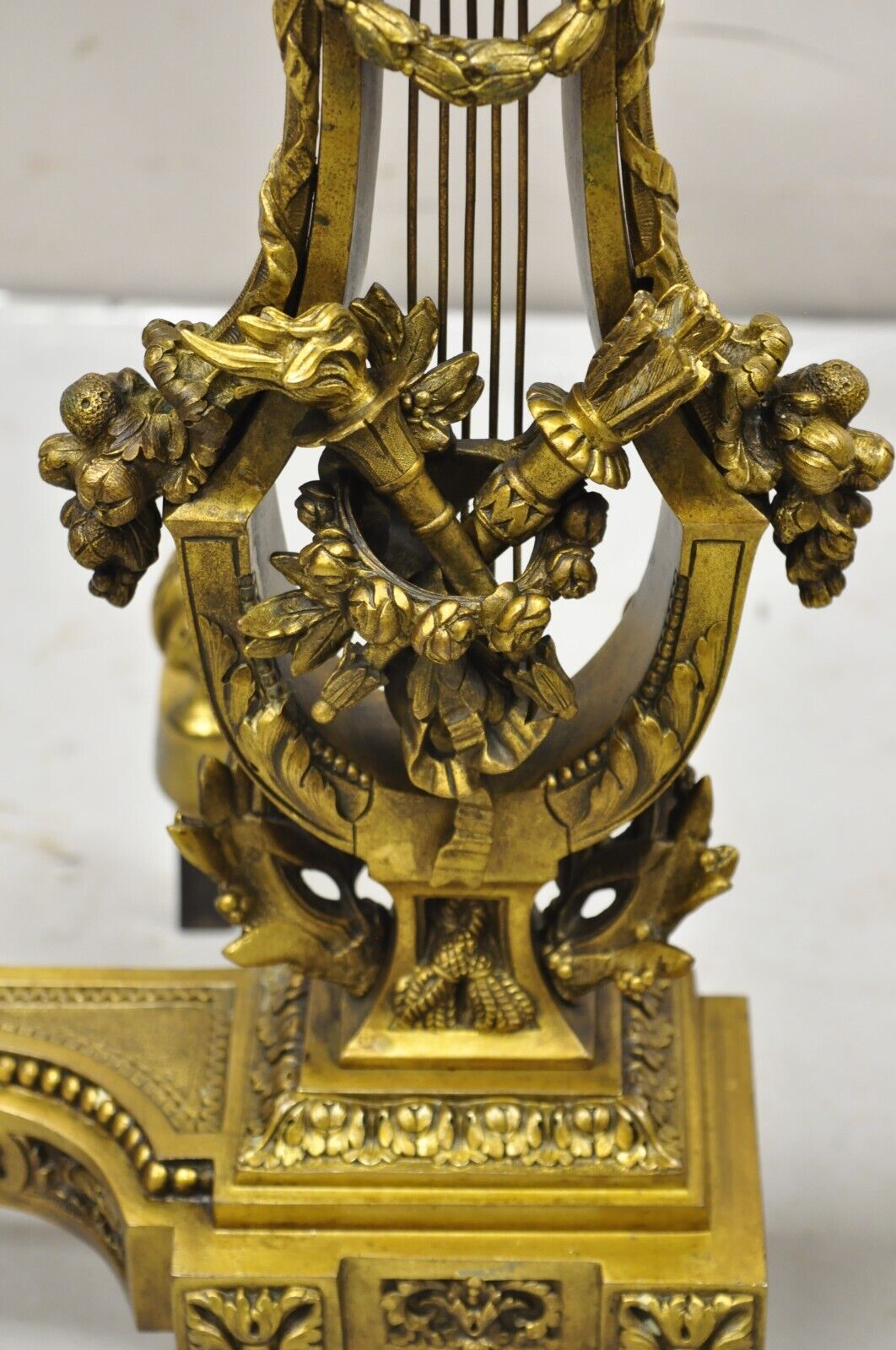 Antique French Empire Neoclassical Bronze Figural Lyre Harp Andirons - a Pair